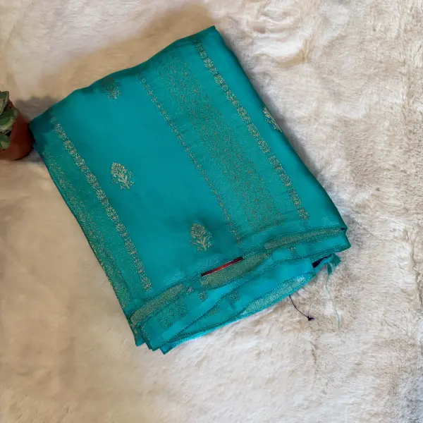 Blue Stripes and buttas with contrast blouse semi crepe saree