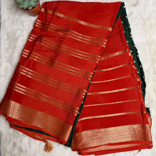 Red Stripes border Semi Crepe saree
