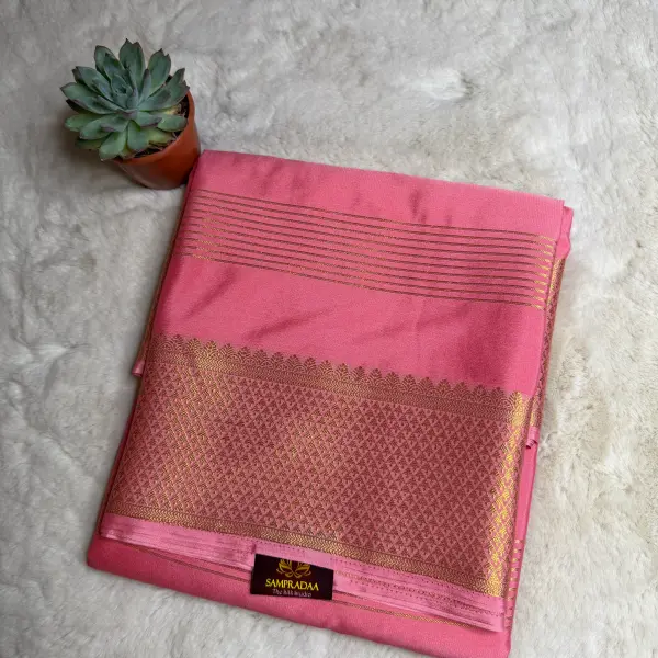 Rose Pink Stripes Semi Crepe Saree