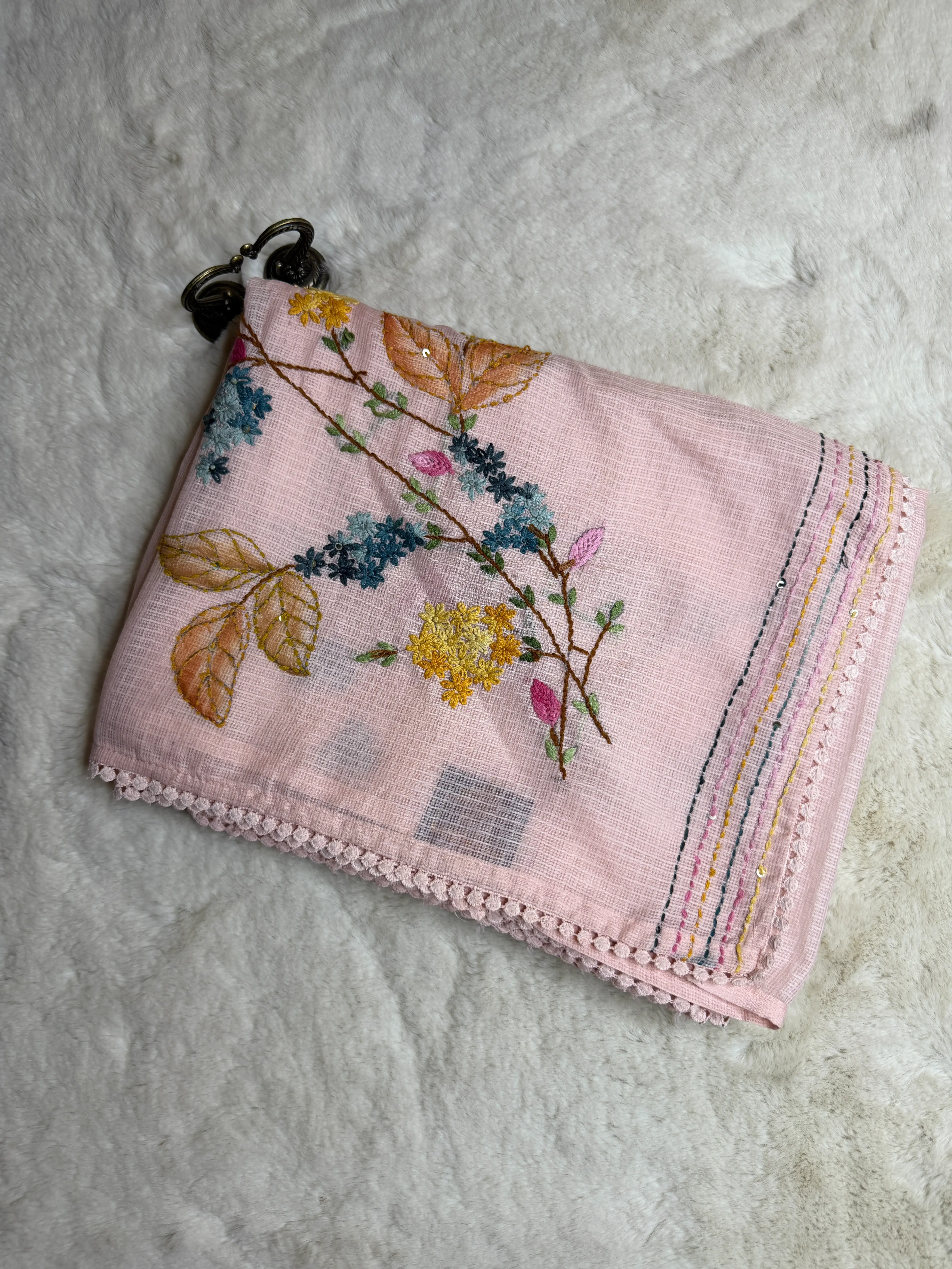 Knit Floral Work Pastel Kota Cotton Saree