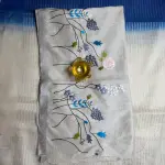 Cream Blue Half & Half Knot Work Pure Lenin Cotton Saree