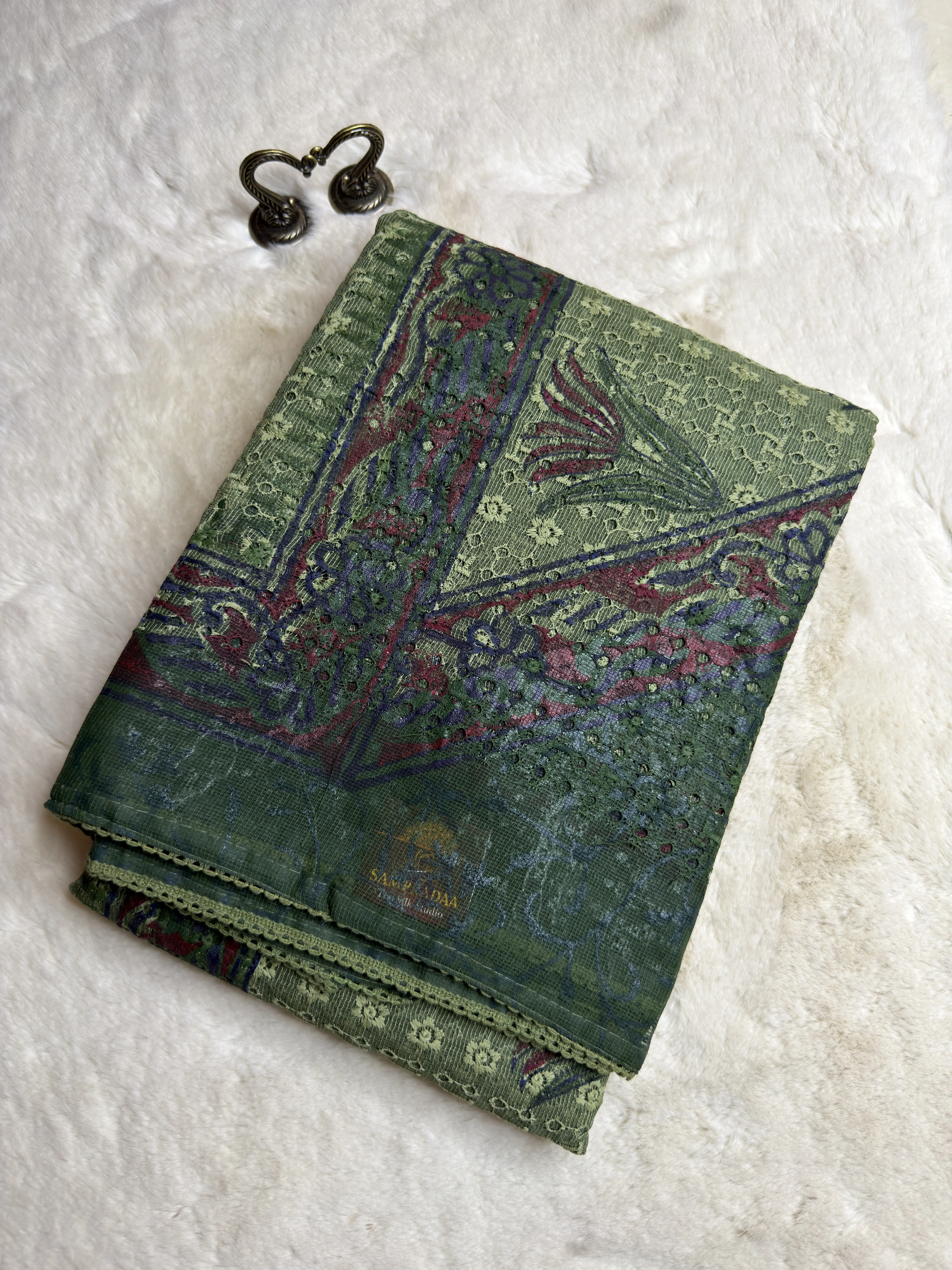 Military Green Hand Paint with thread work Kota Cotton Saree