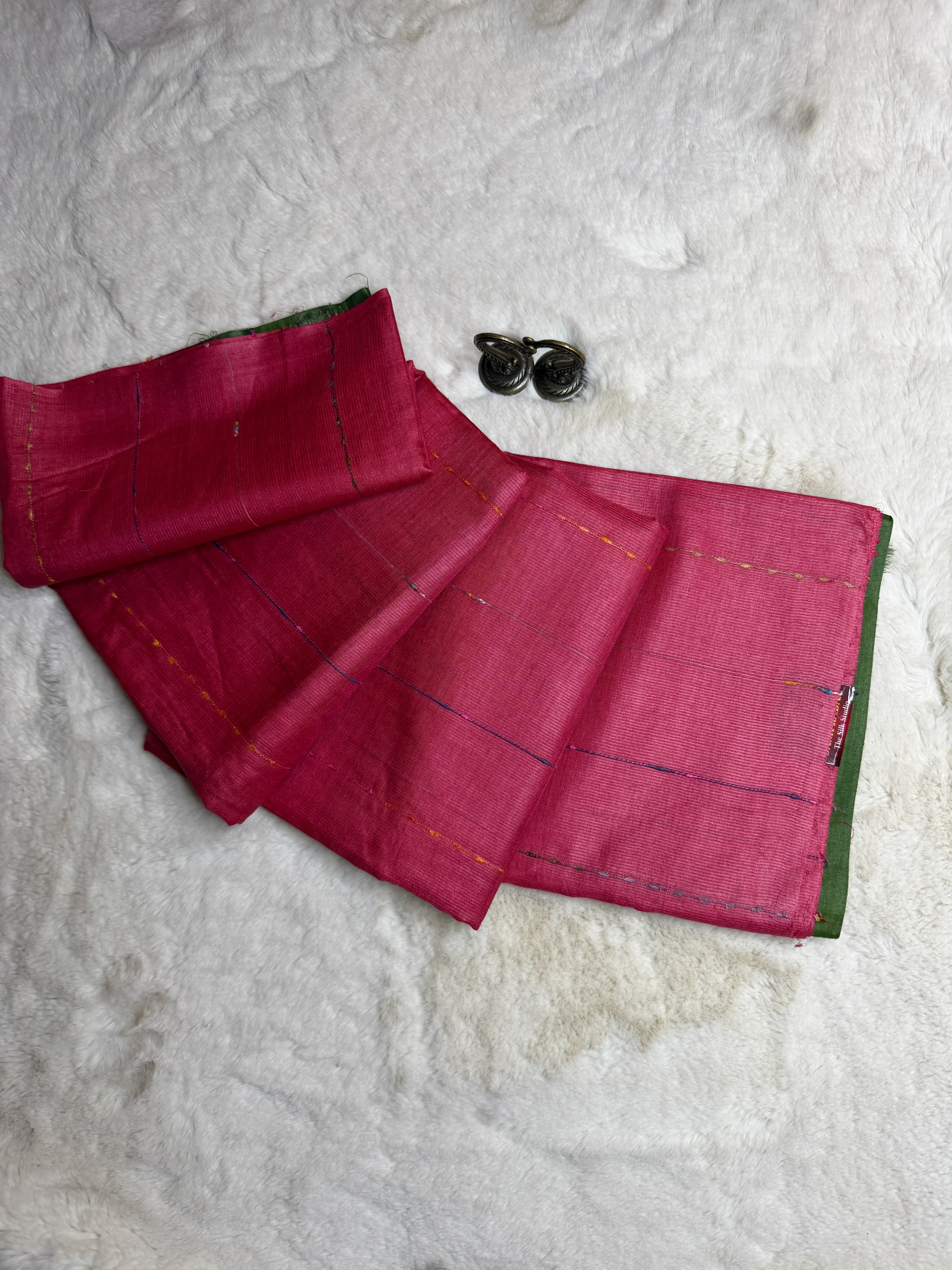 Pink with Green contrast Tussar Silk Saree