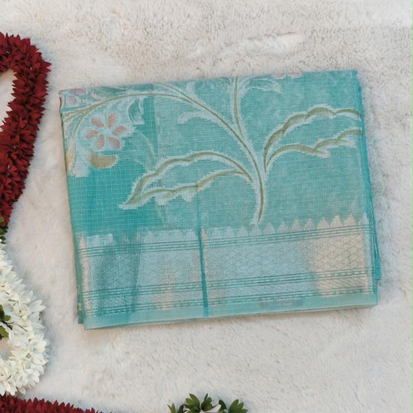 Kota Tissue Organza Saree in Sea Green with Pastel Floral Brocade