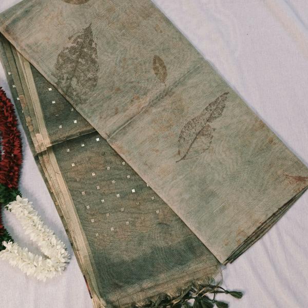 Olive Green Tissue Saree with Sequin Work and Nature Print Accents