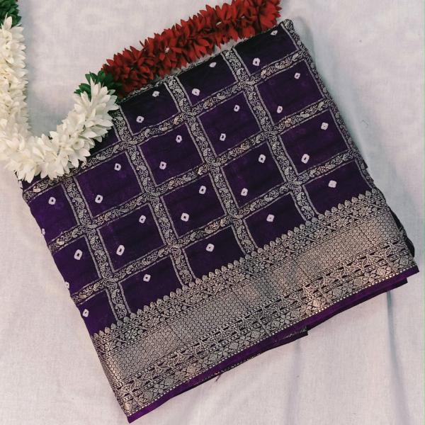 Semi Banaras Saree with Silver Zari Woven Border, Pallu, and Bandhani Print Body