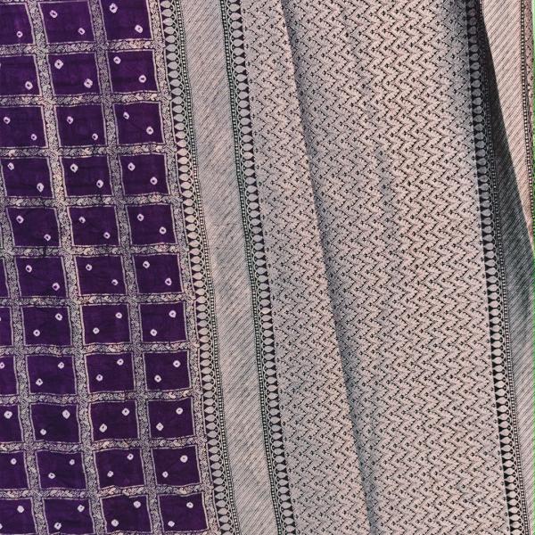 Semi Banaras Saree with Silver Zari Woven Border, Pallu, and Bandhani Print Body