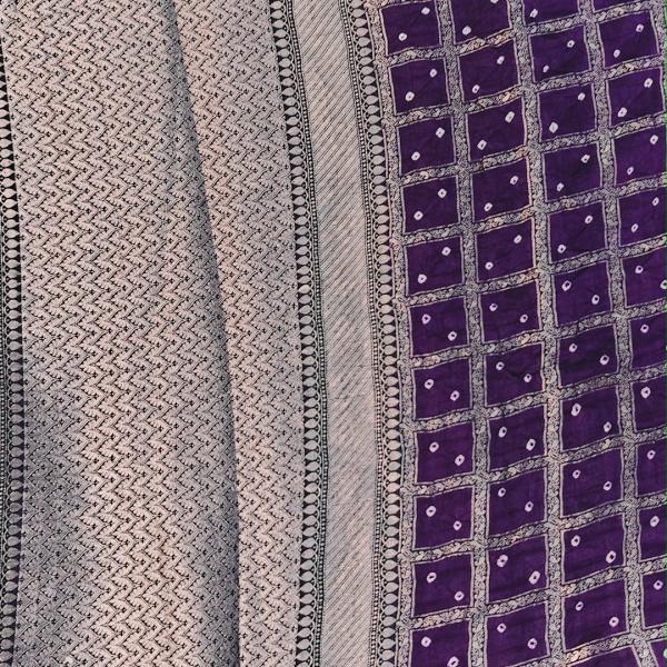 Semi Banaras Saree with Silver Zari Woven Border, Pallu, and Bandhani Print Body