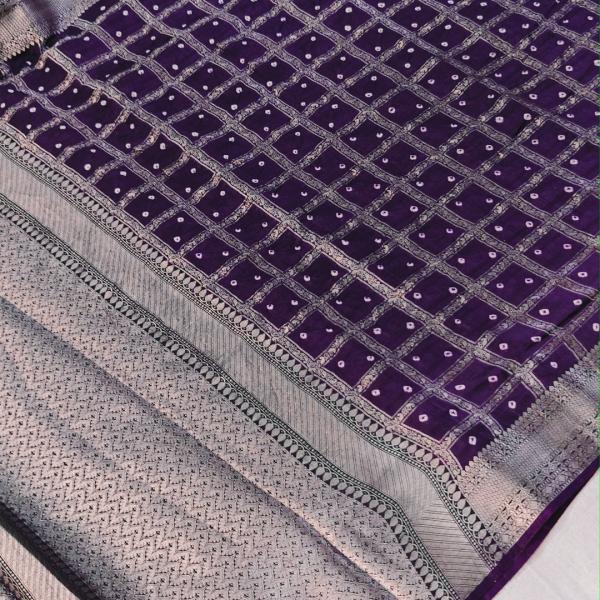 Semi Banaras Saree with Silver Zari Woven Border, Pallu, and Bandhani Print Body