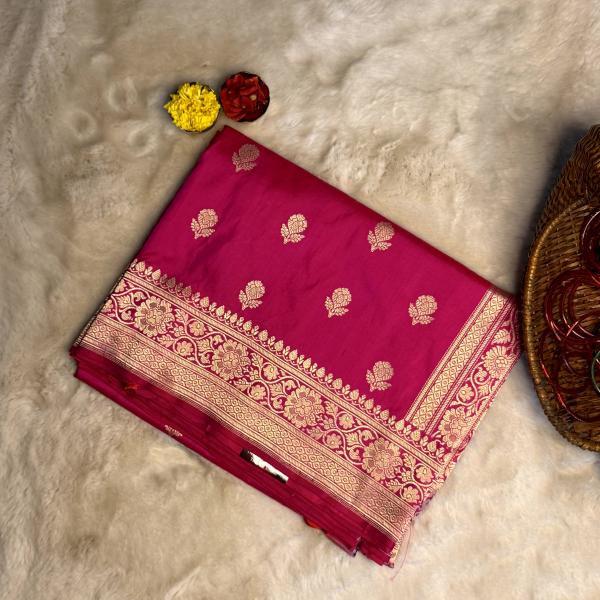Rani pink with flower motifs all over body pure benaras silk saree