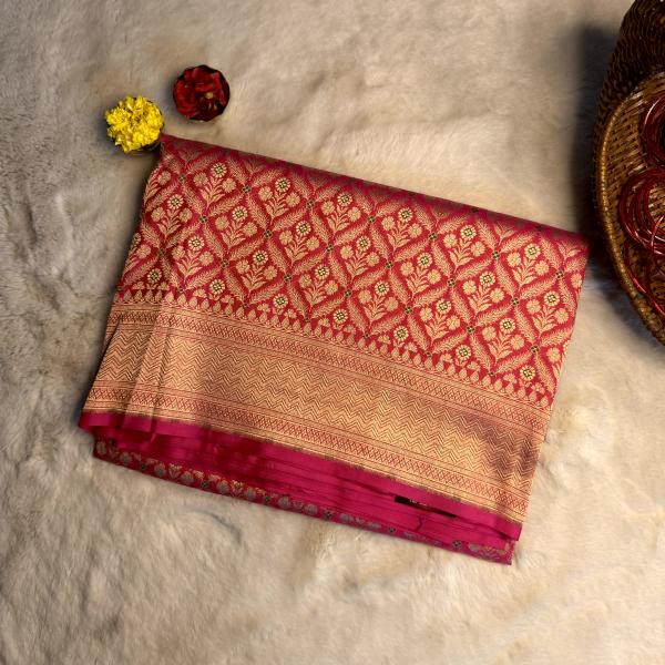 Cherry red all over jaal pattern with flower motifs pure benaras saree