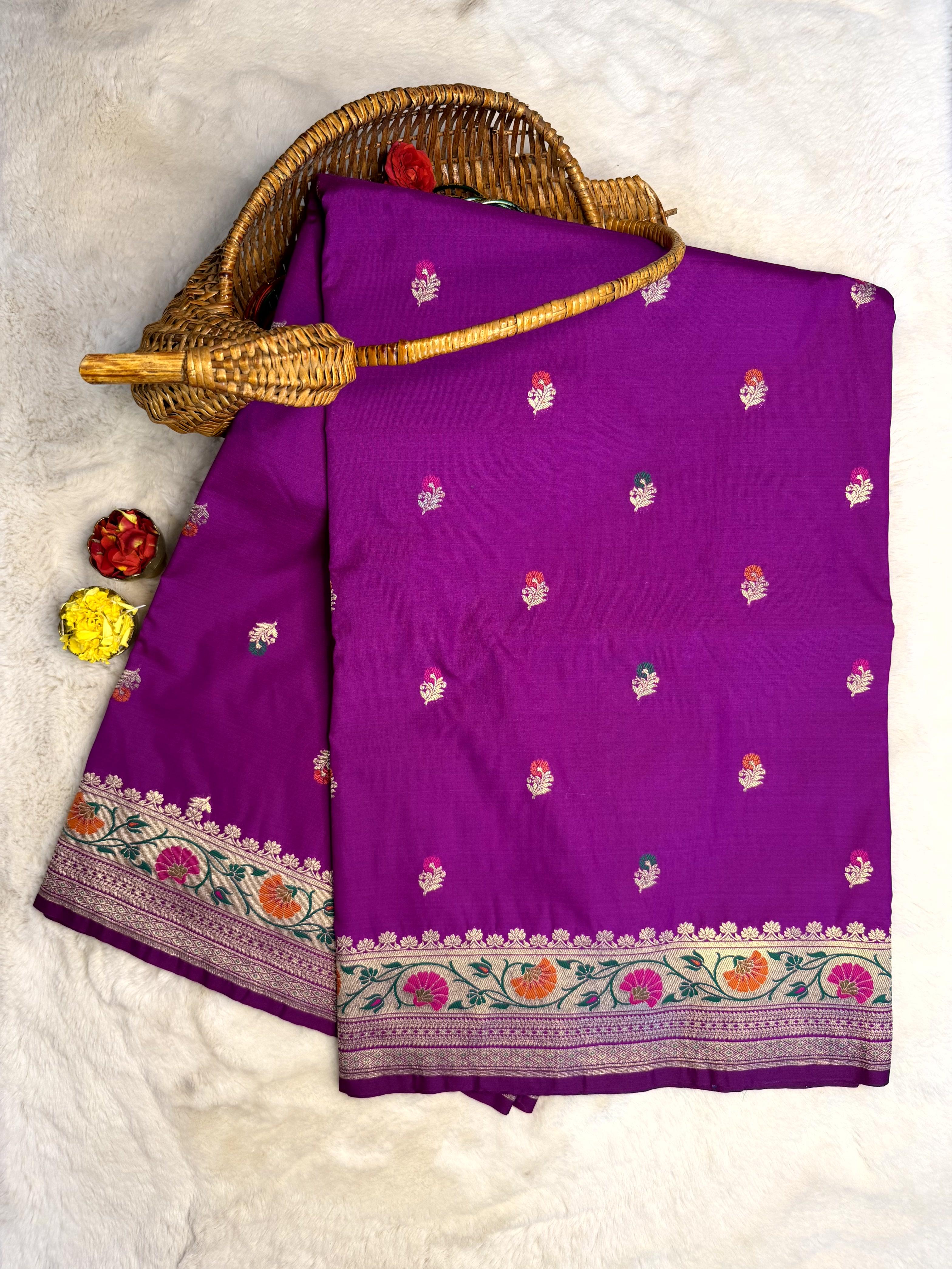 Rani pink with meenakari border benaras saree