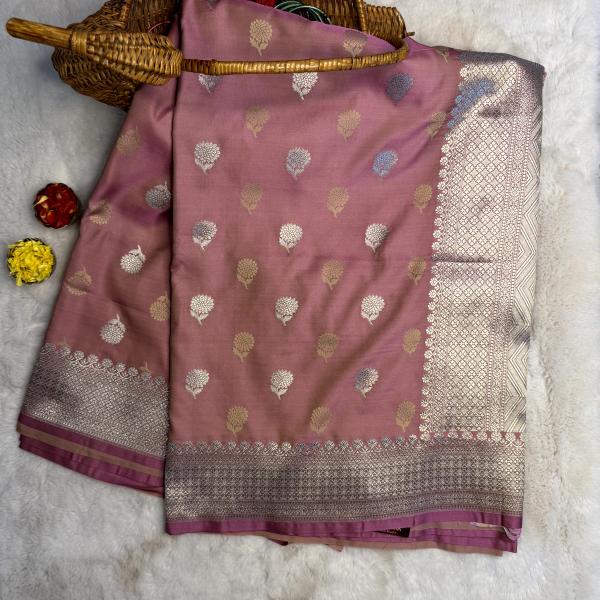 Peach pink with buttas benaras saree