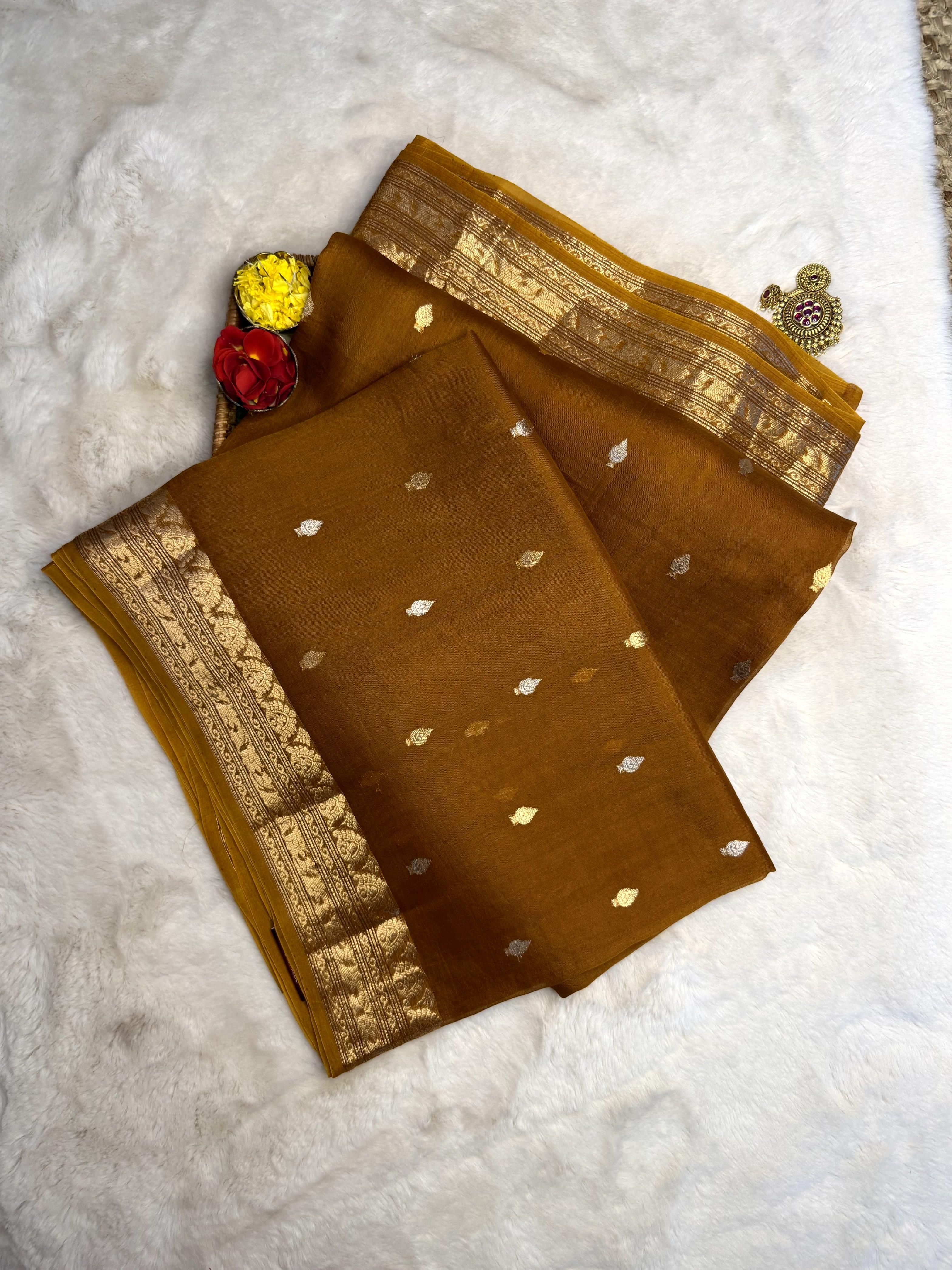 Mustard yellow pure kora organza saree