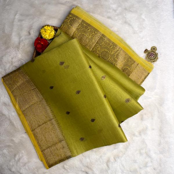 Greenish yellow pure kora organza saree