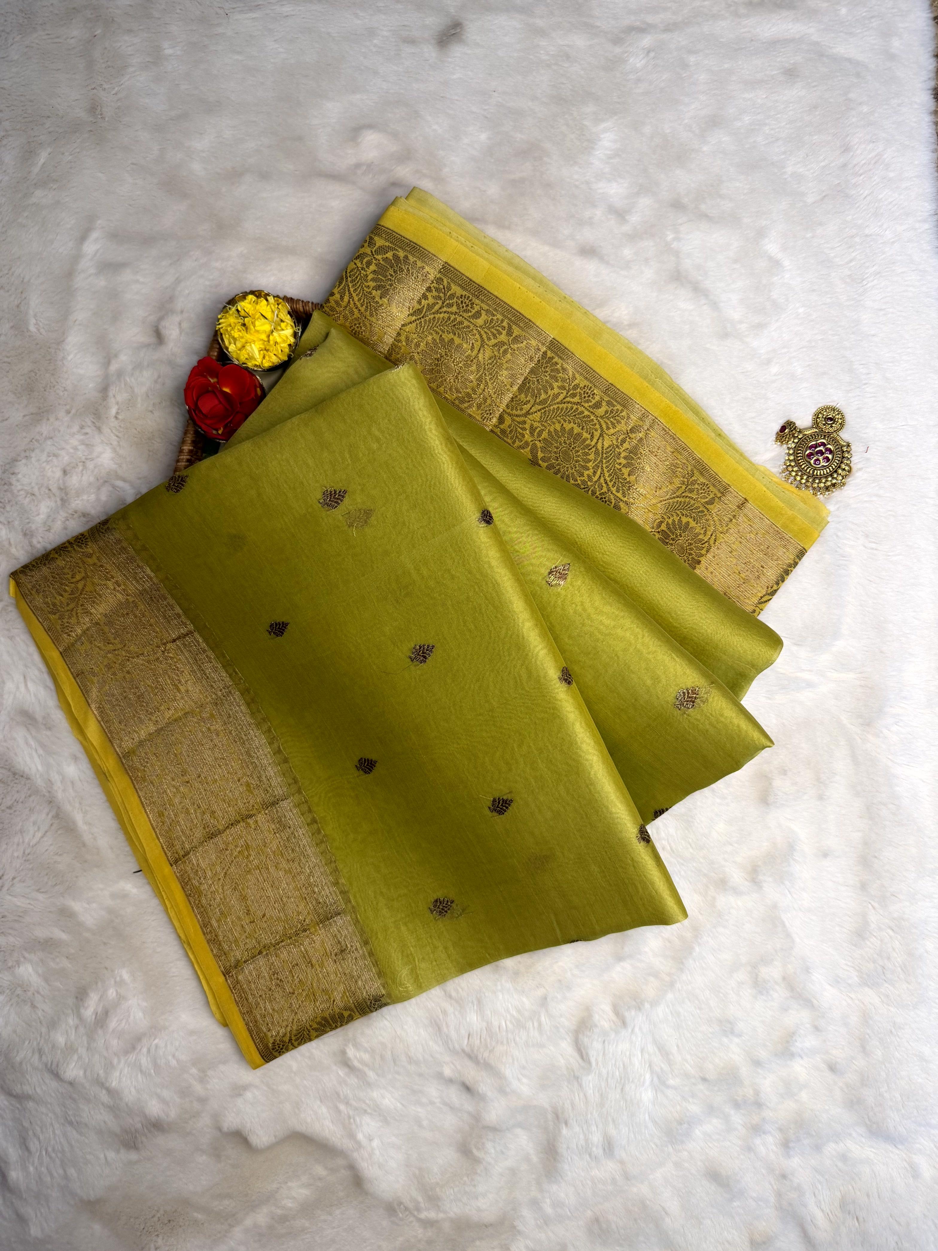 Greenish yellow pure kora organza saree