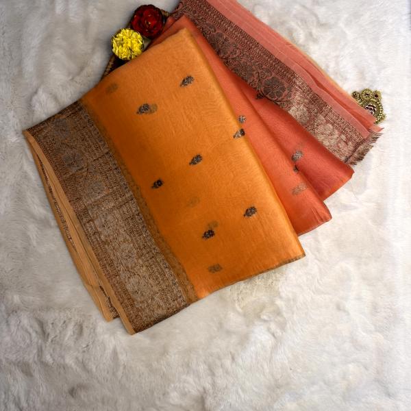 Orange pure kora organza saree