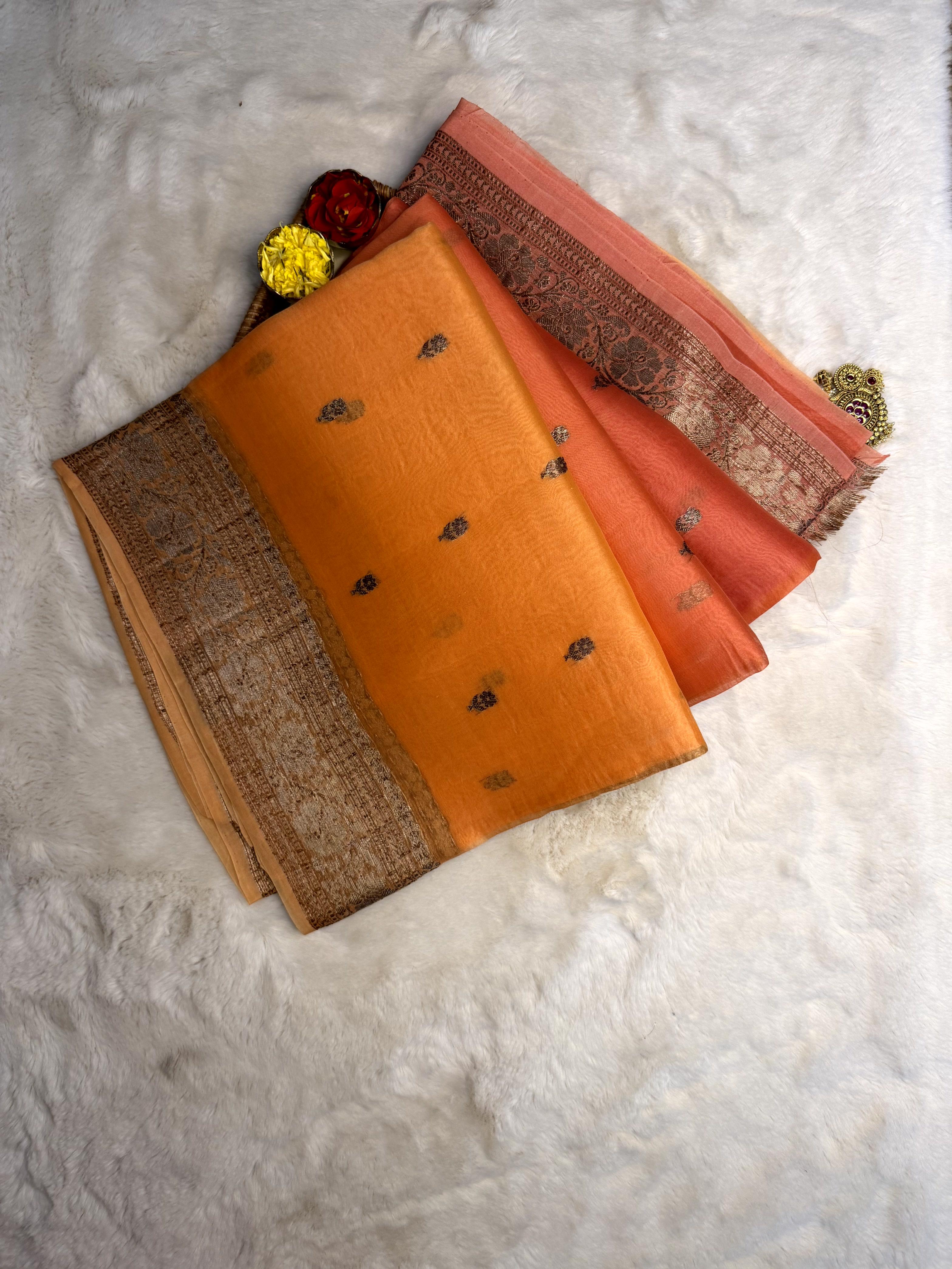 Orange pure kora organza saree