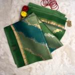 Green Lehariya pattern pure kora organza saree