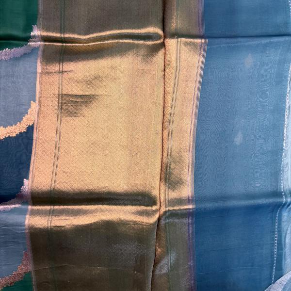 Teal Blue Lehariya pattern pure kora organza saree