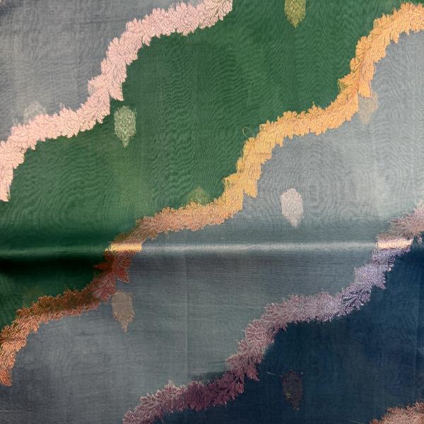 Teal Blue Lehariya pattern pure kora organza saree