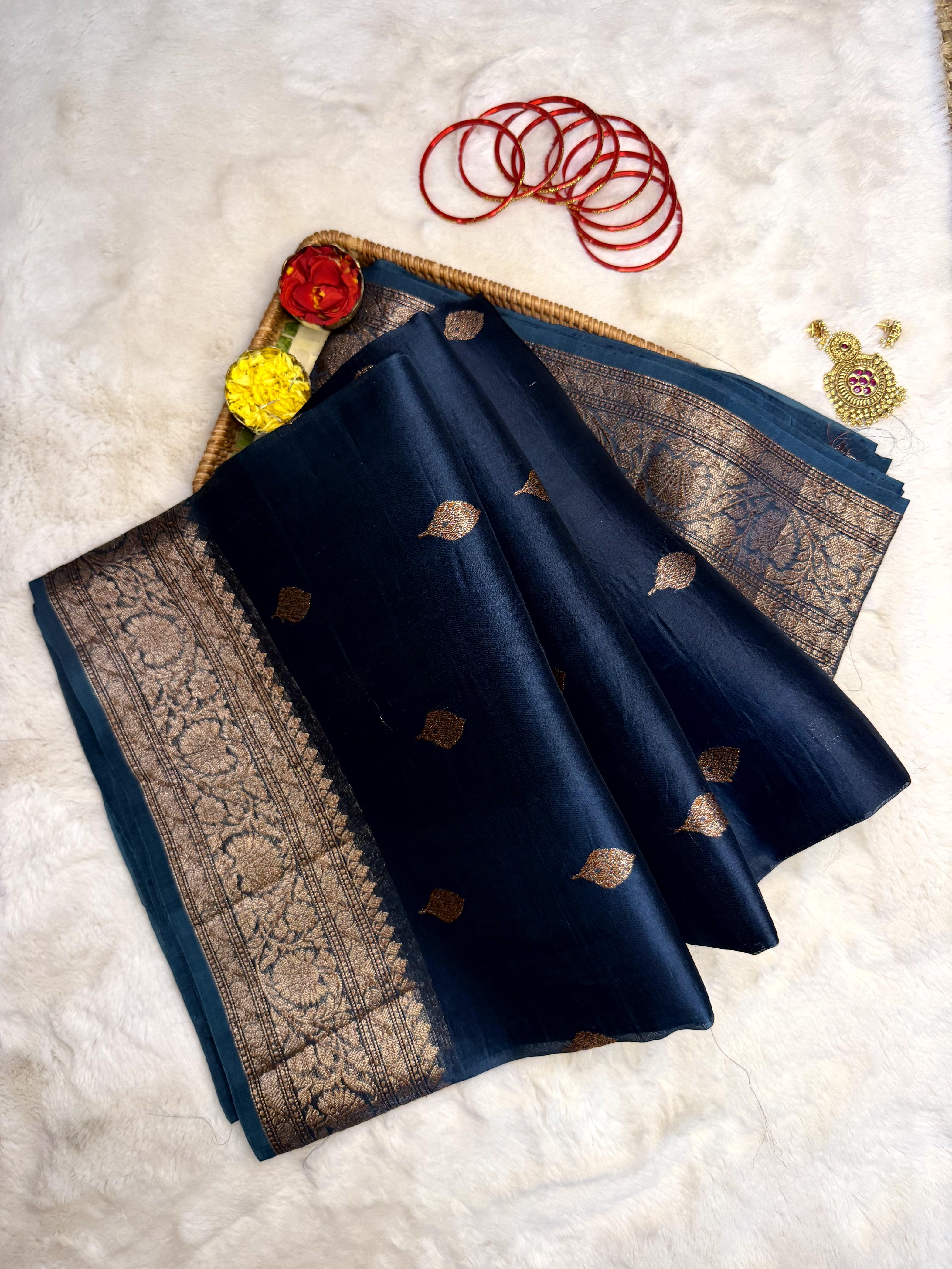 Teal Blue pure kora organza saree