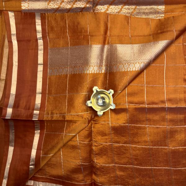 Mustard yellow with checks pure kora organza saree
