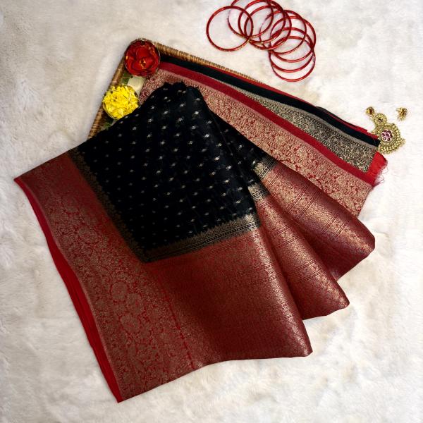 Black and red border with small buttas kora organza saree