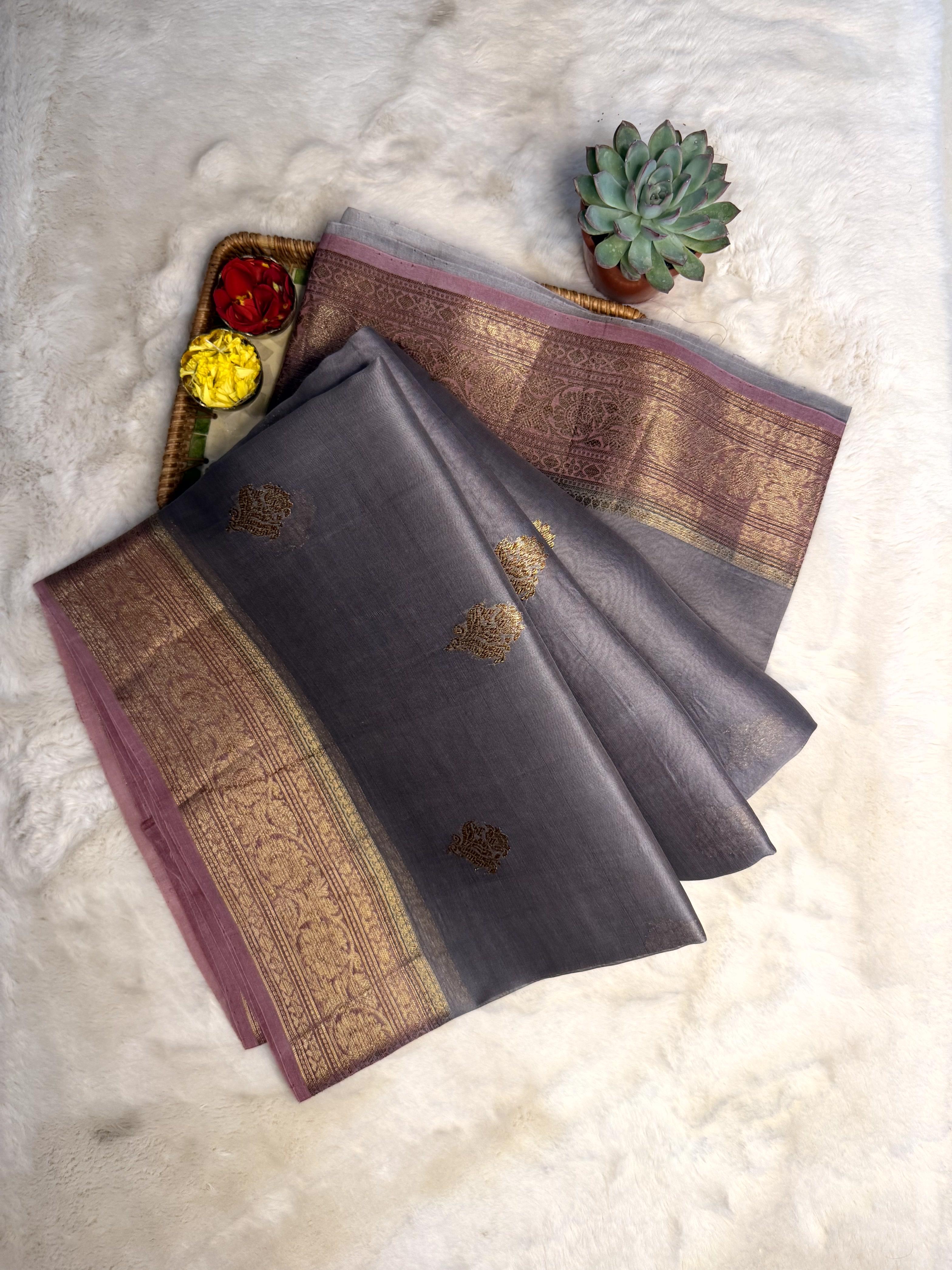 Dark Grey with peach pure kora organza saree