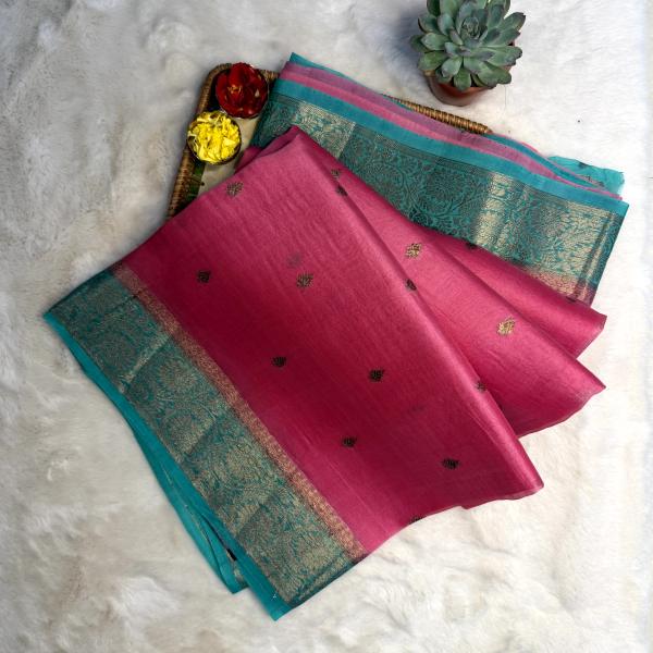 Pink with sky blue border pure kora organza saree