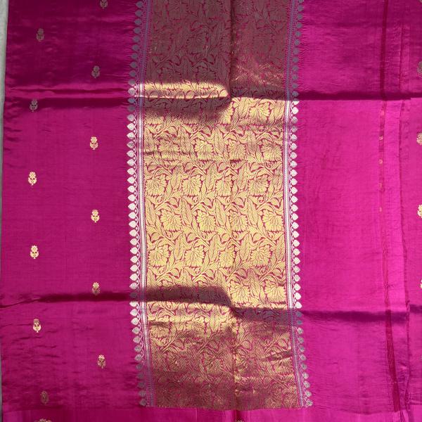 Rani pink with satin flower border katan silk saree