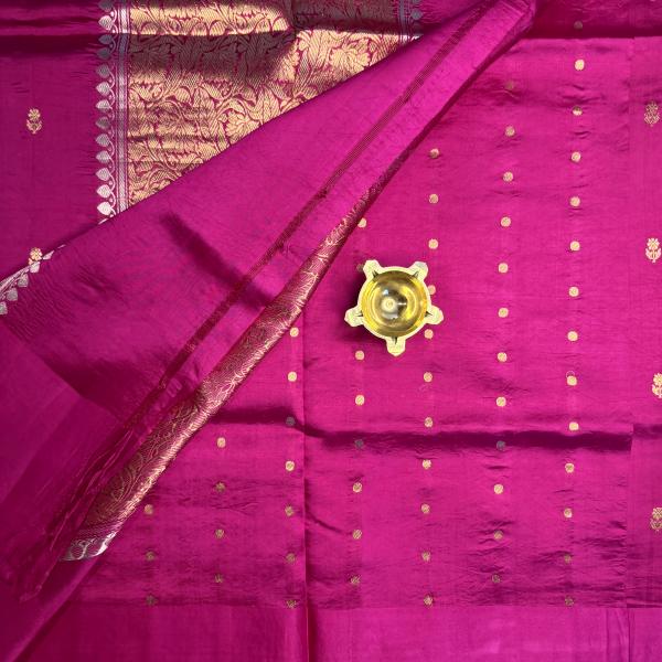 Rani pink with satin flower border katan silk saree