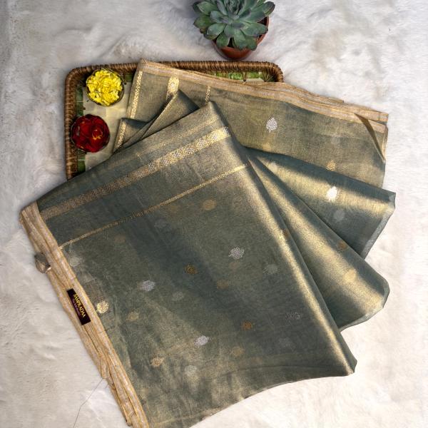 Olive Green pure kora tissue organza saree