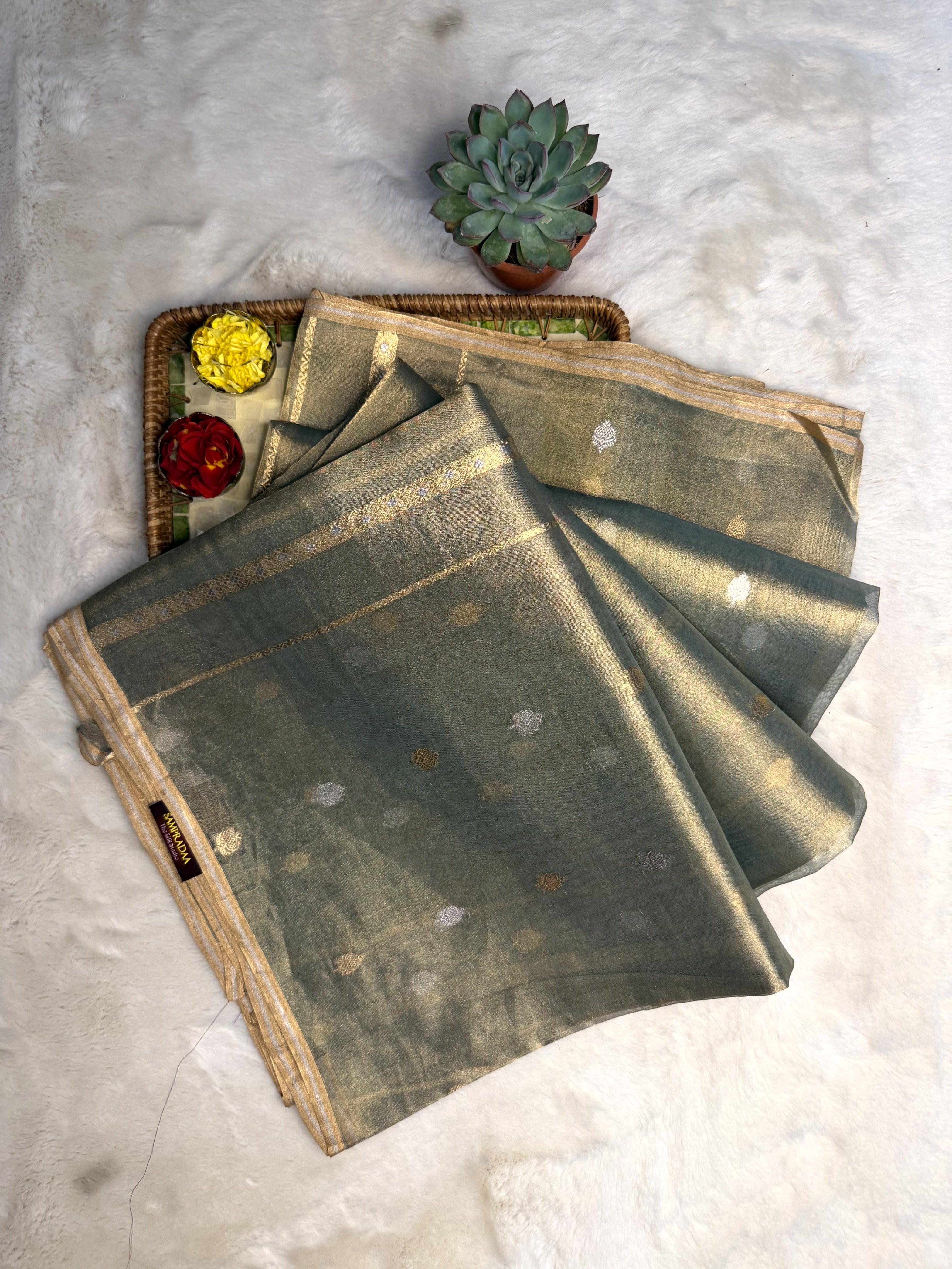 Olive Green pure kora tissue organza saree