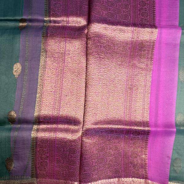 Dark Green with pink border pure kora organza saree
