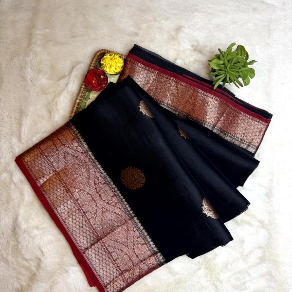 Jet Black with Red big buttas pure kora organza saree