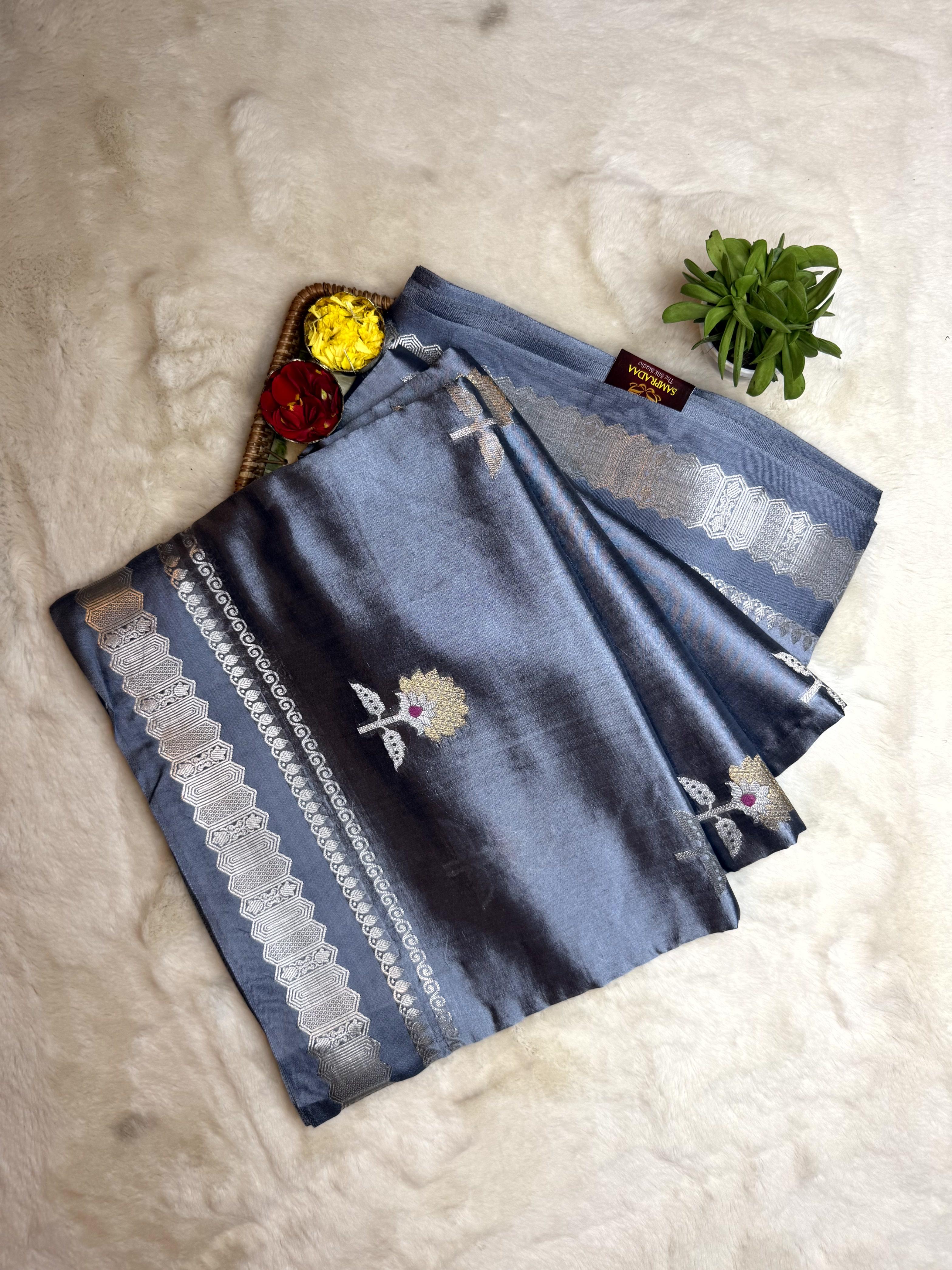 Grey with flower motifs pure katan silk saree