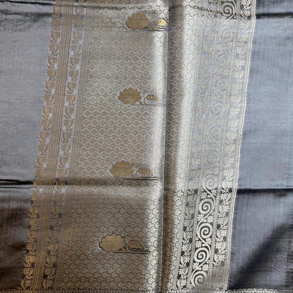 Grey with flower motifs pure katan silk saree