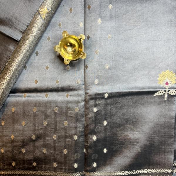 Grey with flower motifs pure katan silk saree
