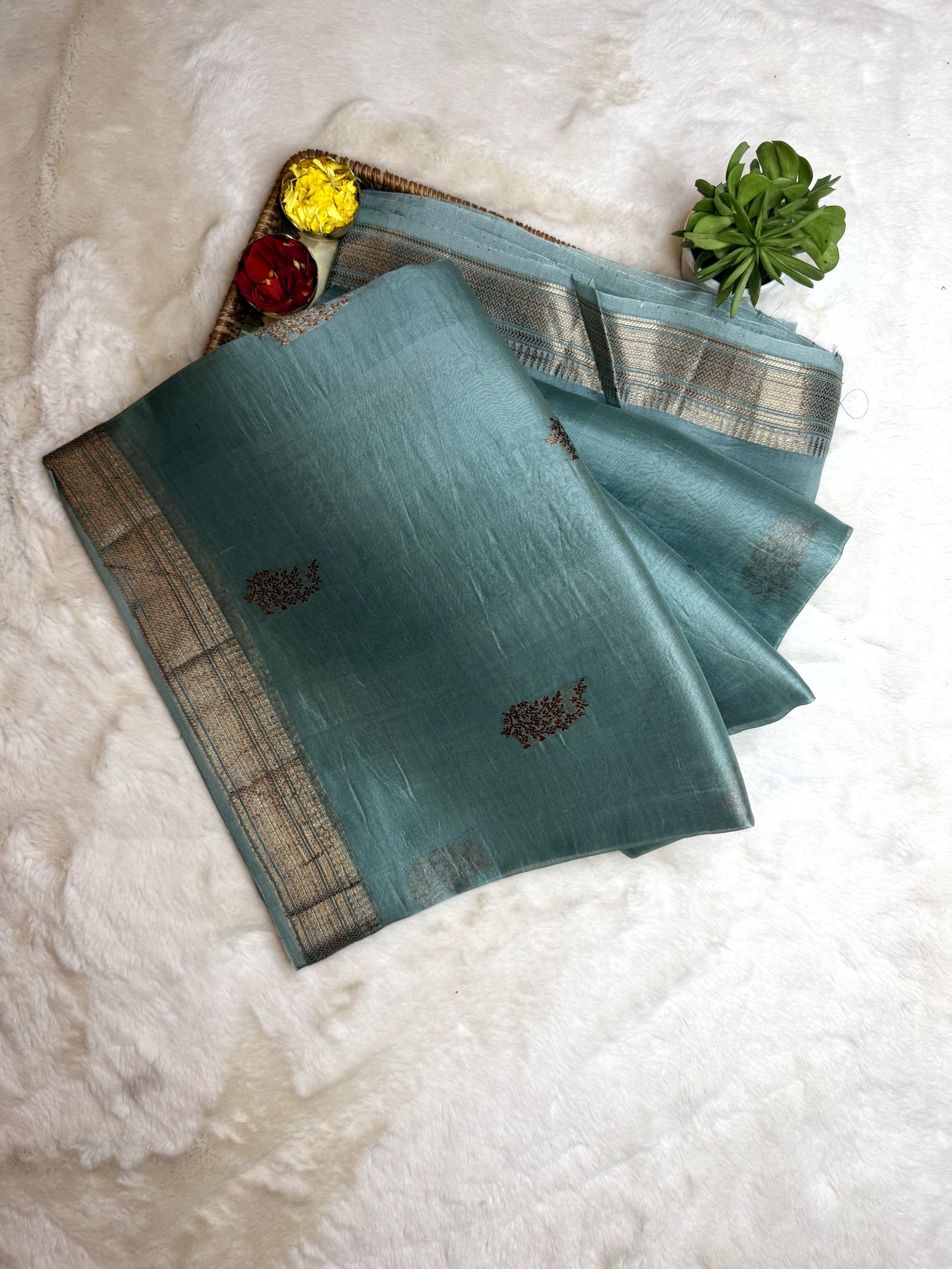 Powder Blue Antique Zari Pure Kora Organza Saree