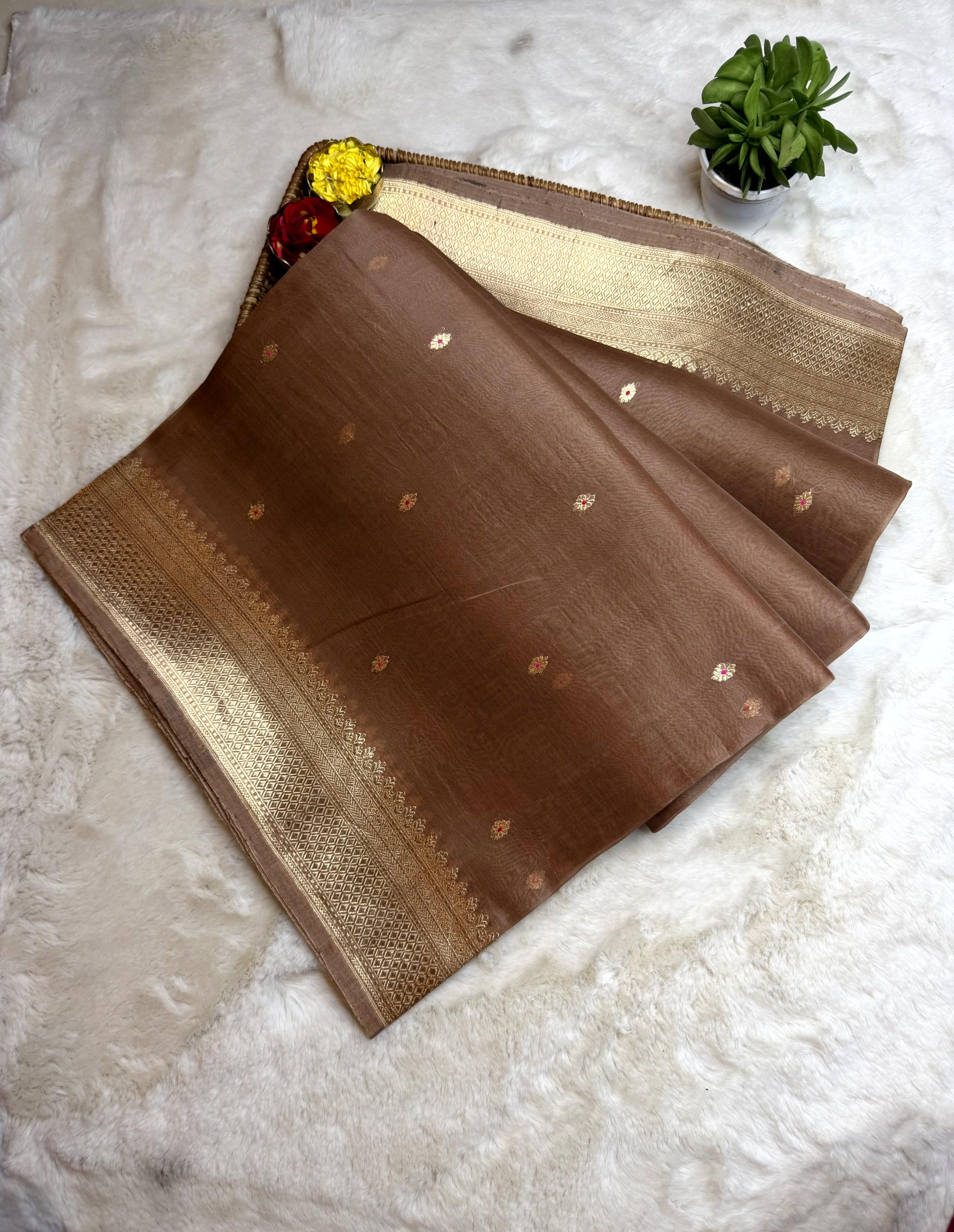 Beige Pure Kora Organza handloom saree