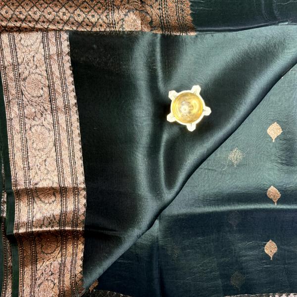 Olive Green antique zari pure kora organza saree