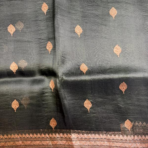 Olive Green antique zari pure kora organza saree