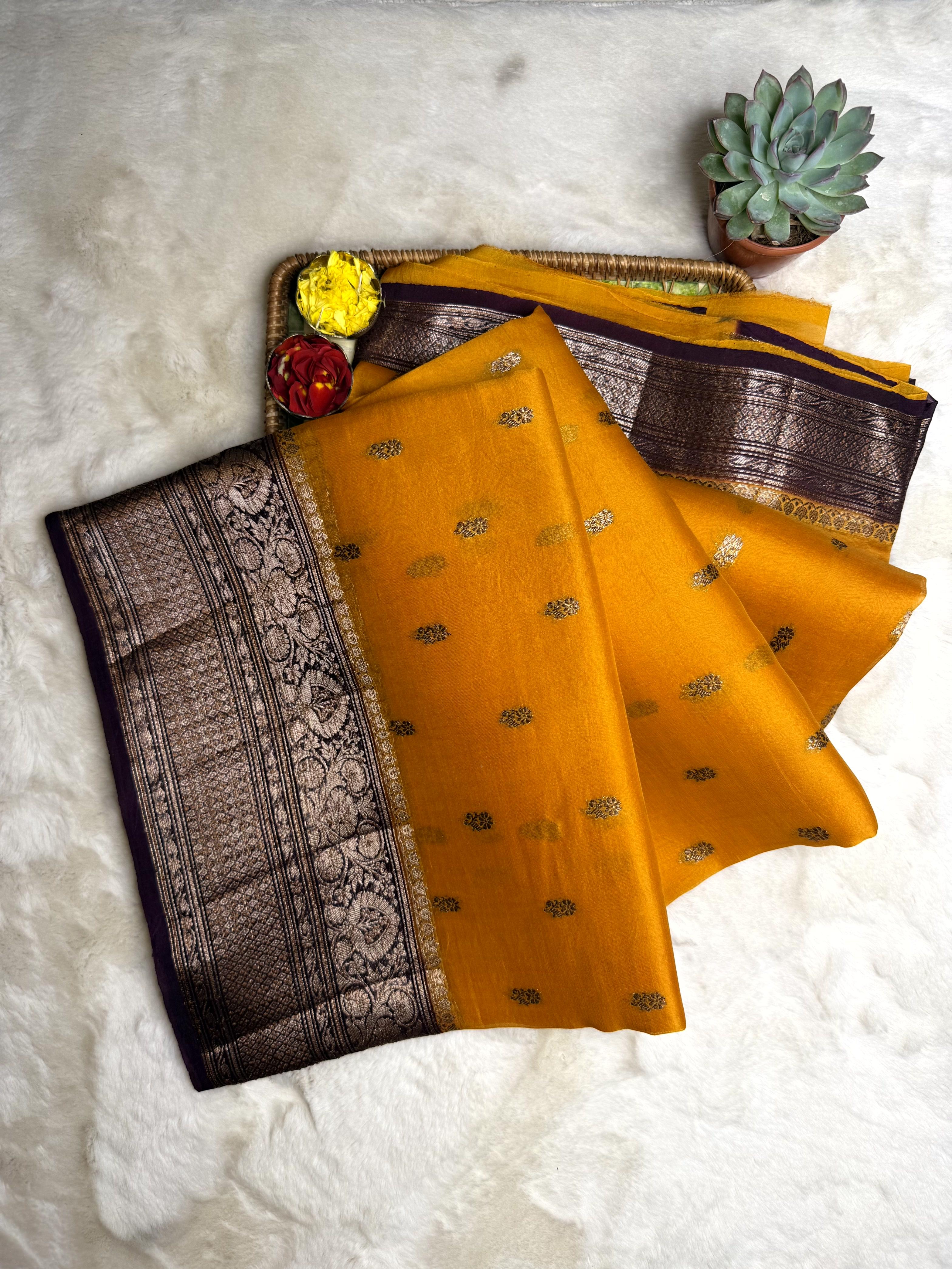 Orange with Rust Orange border Pure Kora organza saree