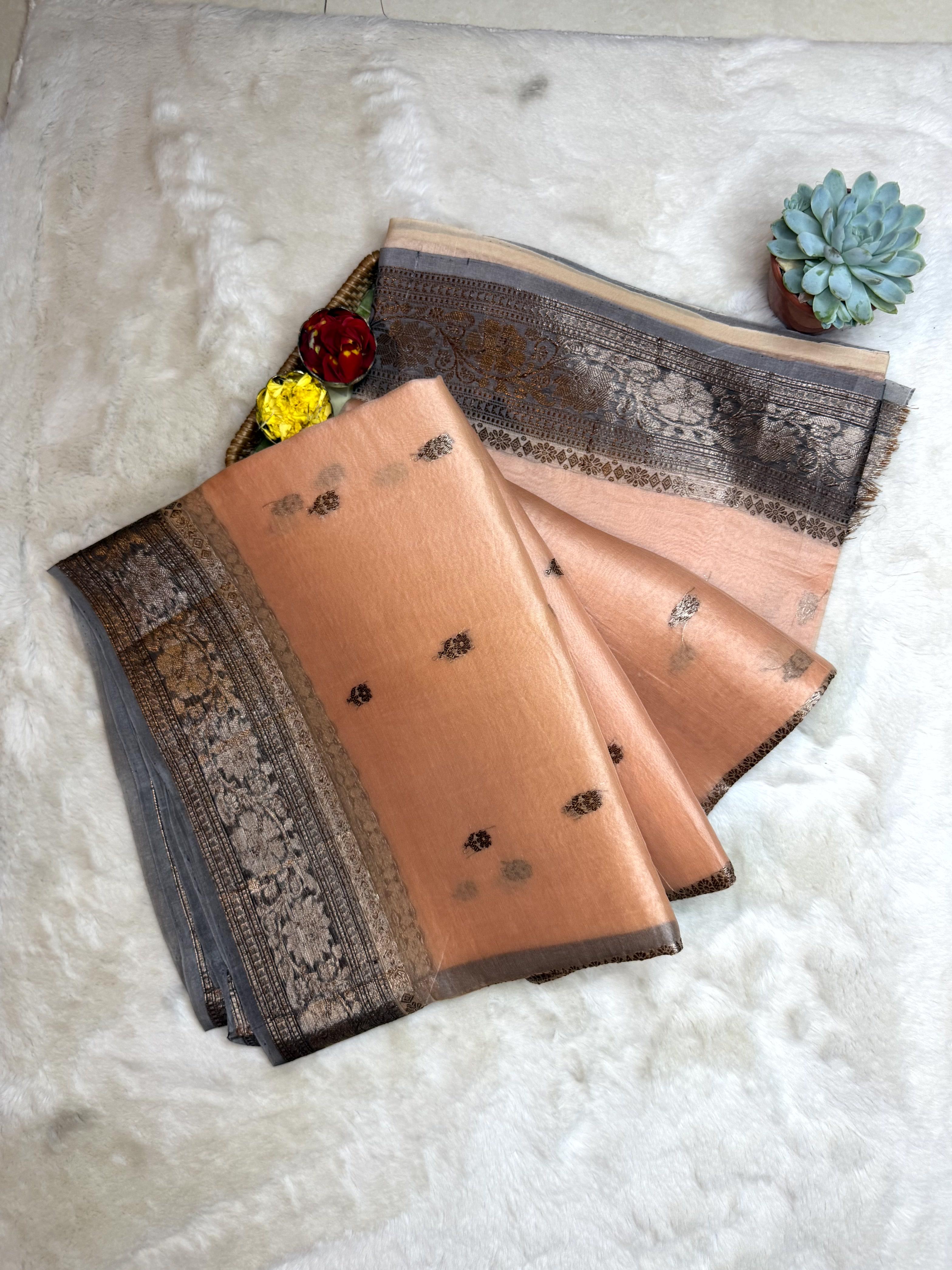 Light Orange with buttas pure kora organza handloom saree