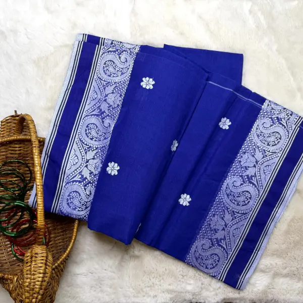 Navy blue & white traditional dhaniakali cotton saree