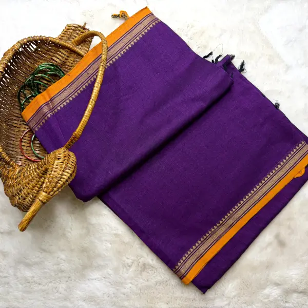 Purple with mustard yellow dhaniakali cotton saree