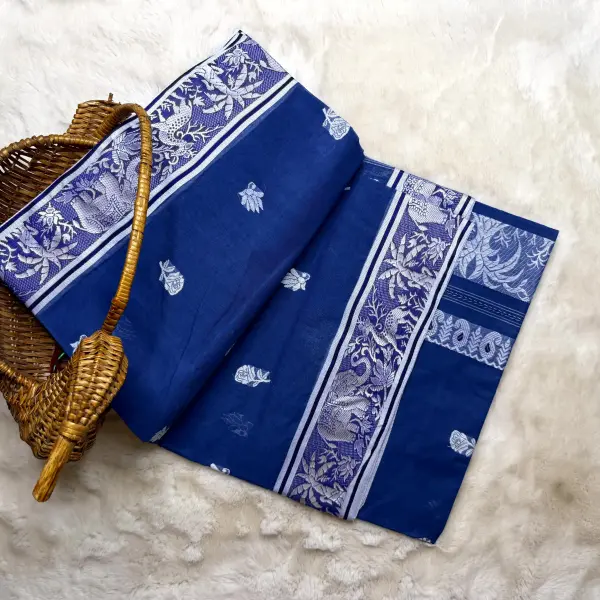 Blue & white Baluchari weave dhaniakali cotton saree