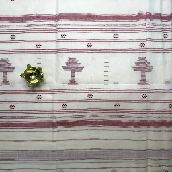 White with Red baluchari weave dhaniakali cotton saree