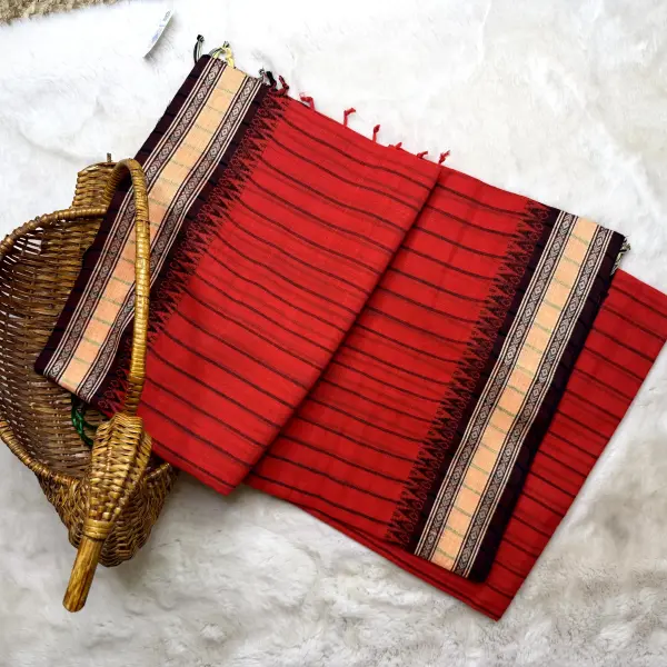 Red and black stripes dhaniakali cotton saree